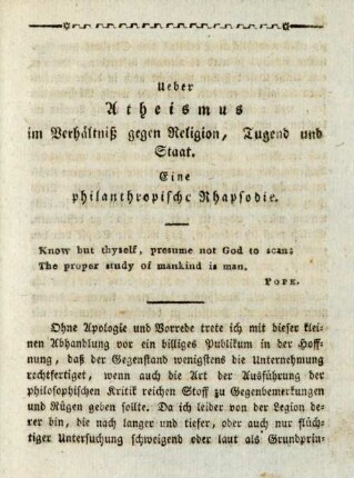 Ueber Atheismus im Verhältniß gegen Religion, Tugend und Staat. Eine philanthropische Rhapsodie