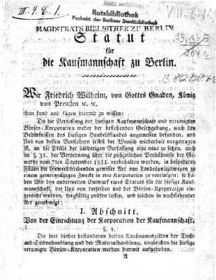Statut für die Kaufmannschaft zu Berlin