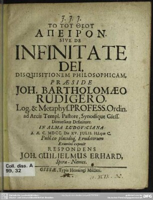 To tu theu apeiron sive de infinitate dei disquisitionem philosophicam