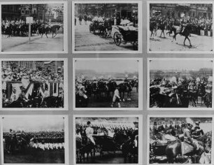 Ausstellungstafel mit Szenen aus dem Dokumentarfilm "Stadtgeschichtlich wertvolle Filmaufnahmen": Königsparade anläßlich des Geburtstages des Königs von Sachsen, Friedrich August III. am 25.05.1913. Dresden, Galerie Nord. Ausstellung "Borchert, Christian, Dresden - Bilder aus Dokumentarfilmen 1913–1949"