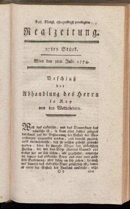 27tes Stück. Wien den 9ten Julii 1774.