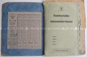 Aufbewahrungsheft für Lebensmittelkarten mit Ordnungsregister und Lebensmittelkarten, bzw. Kunden- karten, gebraucht von Siglinde Paul; Greifswald, 1943-1945