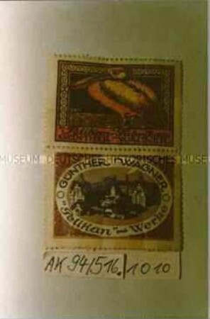 Zwei Klebemarken, perforiert und gummiert "'Pelikan'-Fabrikate GÜNTHER WAGNER Pelikan-Werke"