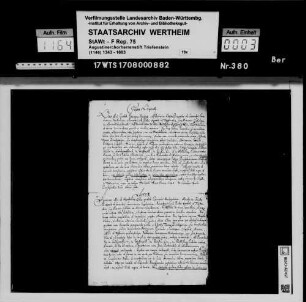 Abschriften von Urkunden über das Patronatsrecht Stifts Triefenstein in der Pfarrei Trennfeld