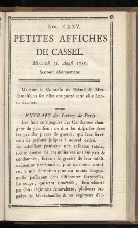 No CXXV (Mercredi 31. Aoust 1785)