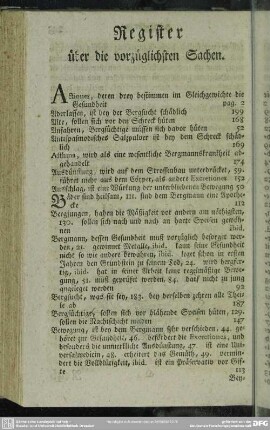 Register über die vorzüglichsten Sachen