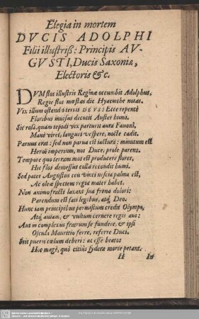 Elegia in mortem Ducis Adolphi Filii illustriß. Principis Augusti, Ducis Saxoniae Electoris [et]c