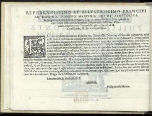 Dedikation an Martin Erzbischof von Prag. Martin Medeck aus Mähren. Erzbischoffsweihe 1581. Prag 10. Oktober 1587