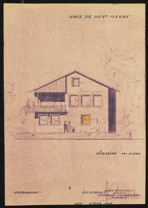 Garten Dr. Kurt Mehne, Schwenningen: Ansicht Südseite 1:100 (Zeichnung des Architekten)
