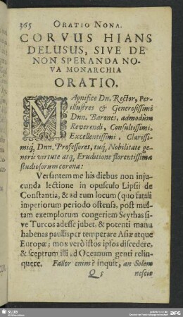 Oratio Nona. Corvus Hians Delusus, sive De Non Speranda Nova Monarchia