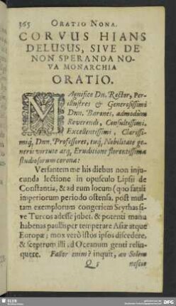 Oratio Nona. Corvus Hians Delusus, sive De Non Speranda Nova Monarchia