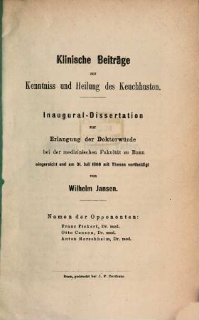 Klinische Beiträge zur Kenntniss und Heilung des Keuchhusten : (Inaug.-Diss.)