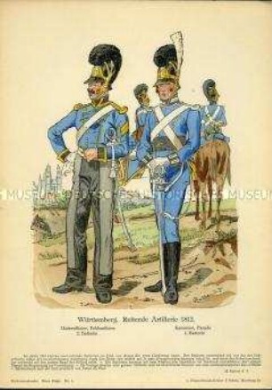 Uniformdarstellung, Unteroffizier und Kanonier der Reitenden Artillerie, Königreich Württemberg, 1812.