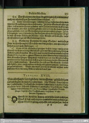 Titulus XVIII. Von allerhandt betrüglichen, vermessenen, geltsüchtigen und unbefugten Aertzten, darunder seynd: Alte Weiber, Beutelschneider, Crytallenseher, Dorffgeistliche, Einsiedler, Fallimentirer, Gäuckler, Harnpropheten, Juden, Kühe- und Kälberärtzt, Landstreicher ...