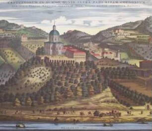 Die Stadt Turin gesehen vom "Theatrum Sabaudiae" - perspektivischer Blick, gezeichnet im Jahr 1669 von Tommaso Borgonio, vom Hügel des Monte dei Cappuccini. Die Kirche und das Kloster wurden erbaut unter der Herrschaft von Ascanio Vitozzi im Jahre 1583.