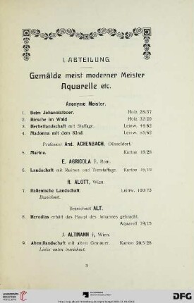 I. Abteilung. Gemälde meist moderner Meister Aquarelle etc. (Nr. 1-255)