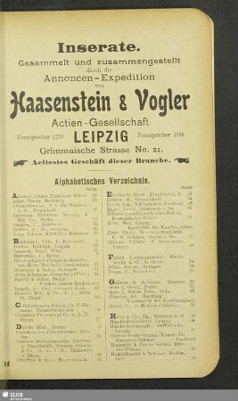 Inserate. Alphabetisches Verzeichnis
