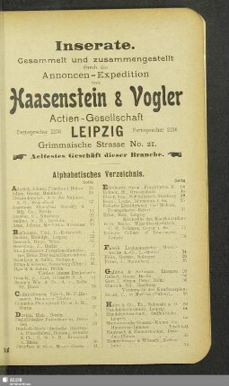 Inserate. Alphabetisches Verzeichnis