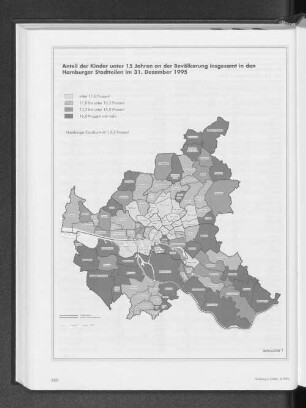 Anteil der Kinder unter 15 Jahren an der Bevölkerung insgesamt in den Hamburger Stadtteilen im 31. Dezember 1995
