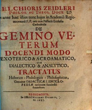 De gemino Veterum docendi moda exoterico et acroamatico, id est, dialectico et analytico tractatus