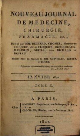 Nouveau journal de médecine, chirurgie, pharmacie. 10, 10. 1821