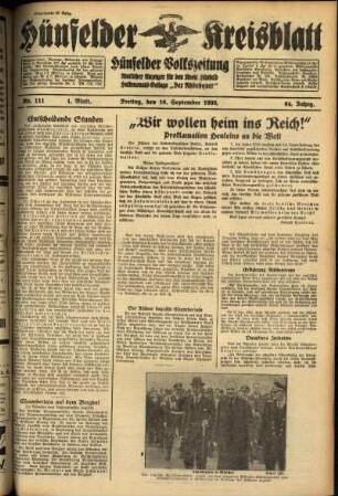 Erste Ausgabe vom Freitag, den 16. September 1938.