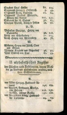 II alphabethisches Register der Fürsten und Feldherren, deren Waffen zu Ambras aufbehalten werden, nach ihren Geschlechtsnamen