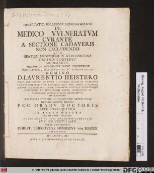 Dissertatio Sollemnis Medico-Forensis De Medico Vvlneratvm Cvrante A Sectione Cadaveris Non Exclvdendo