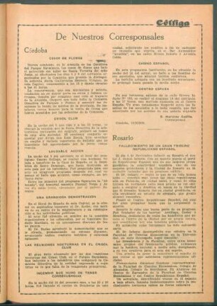 Rosario : Fallecimiento de un gran tribuno republicano español[,] Recepción en el Club Español[,] Hospital Español [y] Centro Gallego