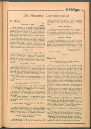 Rosario : Fallecimiento de un gran tribuno republicano español[,] Recepción en el Club Español[,] Hospital Español [y] Centro Gallego