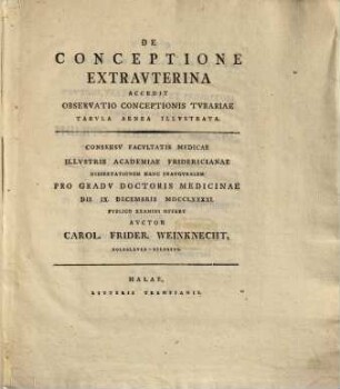De Conceptione Extravterina : Accedit Observatio Conceptionis Tvbariae Tabvla Aenea Illvstrata