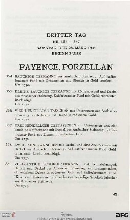 Fayence, Porzellan (Nr. 354-477)