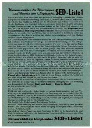 Propagandaflugblatt zur Politik der Görlitzer SED für die Landbevölkerung und Aufruf an die Bauern, zu den Gemeindewahlen 1946 die Kandidaten der SED zu wählen
