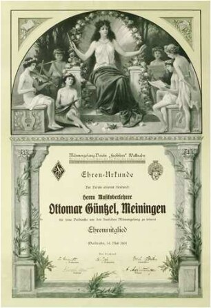 Urkunde des Männergesangvereins Frohsinn Wallrabs Ottomar Güntzel (1880-1959)