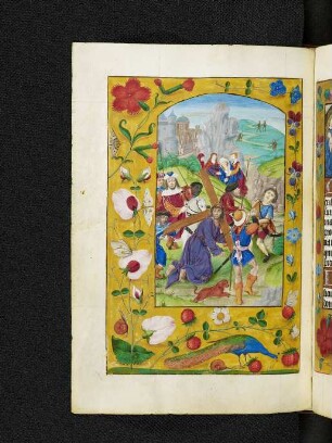 Vollbordürenseite mit Streumusterbordüre und Miniatur: Kreuztragung Christi (Sext)