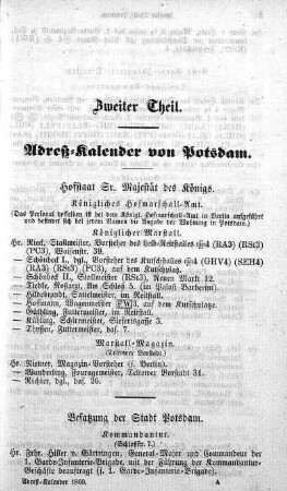 Zweiter Theil. Adreß-Kalender von Potsdam