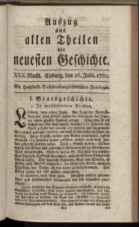 XXX. Nachl. Coburg, den 26. Julii. 1760.