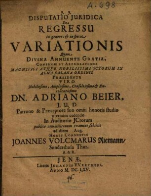 Disputatio Iuridica De Regressu in genere: & in specie Variationis