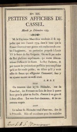 No XIX (Mardi 30 Décembre 1783)
