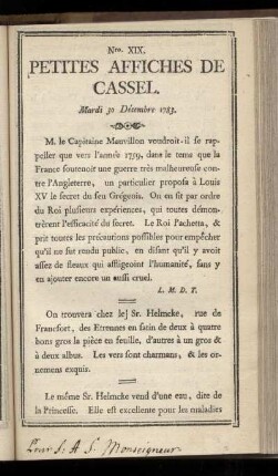 No XIX (Mardi 30 Décembre 1783)