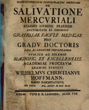 Dissertationem Inavgvralem Medicam De Salivatione Mercvriali : Ad Diem Ivl. Anno M DCC XLIII.