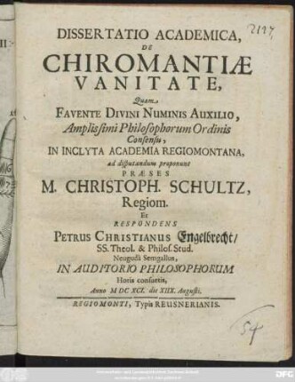Dissertatio Academica, De Chiromantiae Vanitate