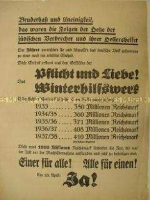 Flugblatt zur Abstimmung über den "Anschluss" Österreichs und zu den Reichstagswahlen vom 10.04.1938