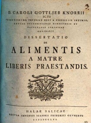 Diss. iur. de alimentis, a matre liberis praestandis