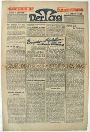 Berliner Tageszeitung "Der Tag" u.a. zum Vormarsch des Faschismus in Italien