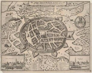 Stadtansicht von Zittau in der Oberlausitz aus der Vogelperspektive mit Umgebung und Befestigungen von 1632 während der Belagerung 1643, aus Merians Theatrum Europaeum oder Topographia Superioris Saxoniae