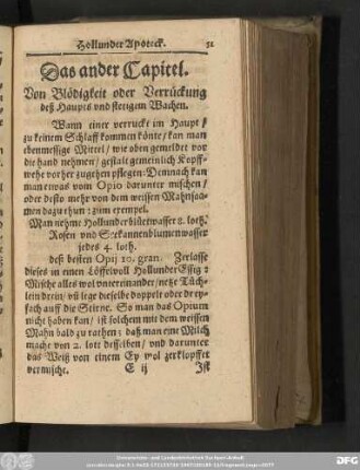 Das ander Capitel. Von Blödigkeit oder Verrückung des Haupts und stetigem Wachen.