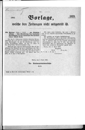 Anlage: (294.), Vorlagen, welche den Zeitungen nicht mitgeteilt sind, 9. April 1925