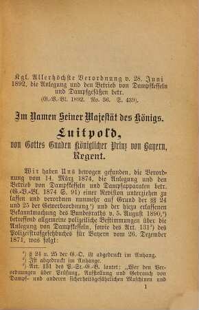 Kgl. Allerhöchste Verordnung vom 28. Juli 1892 : Die Anlegung u. den Betrieb von Dampfkesseln und Dampfgefäßen