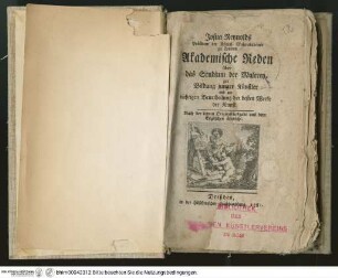 Josua Reynolds Präsident der Königl. Malerakademie zu London Akademische Reden über das Studium der Malerey : zur Bildung junger Künstler und zur richtigen Beurtheilung der besten Werke der Kunst ; Nach der letzten Originalausgabe aus dem Englischen übersetzt / [Reynolds, Josua], Titelblatt mit Illustration: Malende Putten